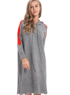 Stylish Hooded Long Sleeve Knitted Sweater Dress