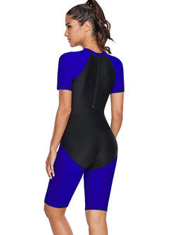 O-neck Short Sleeve Color-blocked Conservative Swimwear