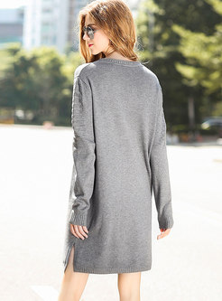 Elegant Grey O-neck Side-slit Knitted Dress