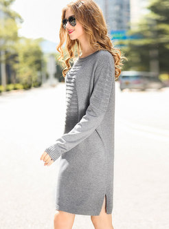 Elegant Grey O-neck Side-slit Knitted Dress