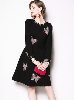 Stylish Butterfly Embroidered A Line Dress