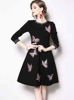 Stylish Butterfly Embroidered A Line Dress