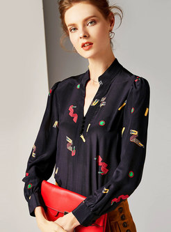 Fashion Black V-neck Printed Silk Blouse