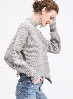 Grey Turtle Neck Lantern Sleeve Pullover Sweater
