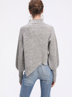 Grey Turtle Neck Lantern Sleeve Pullover Sweater