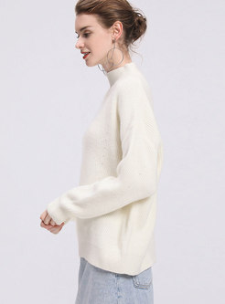 Casual White Half High Neck All-matched Sweater