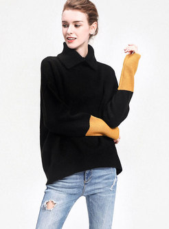 Stylish Turtle Neck Hit Color Sleeve Knitted Sweater