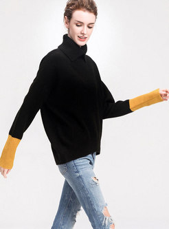 Stylish Turtle Neck Hit Color Sleeve Knitted Sweater