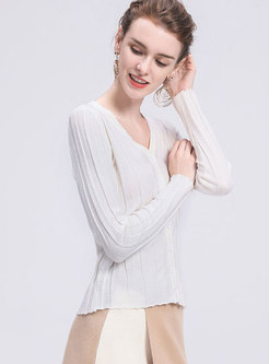 Chic V-neck Long Sleeve Woolen Single-breasted Sweater