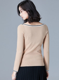 Elegant Color-blocked Slash Neck Bowknot Slim Sweater
