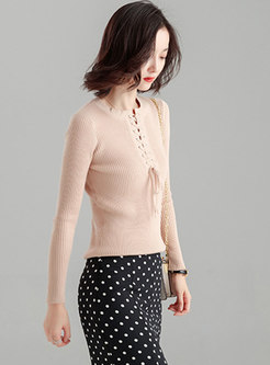 Solid Color V-neck Tied Slim Knitted Sweater