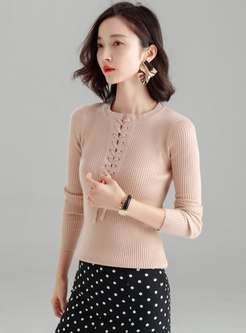 Solid Color V-neck Tied Slim Knitted Sweater