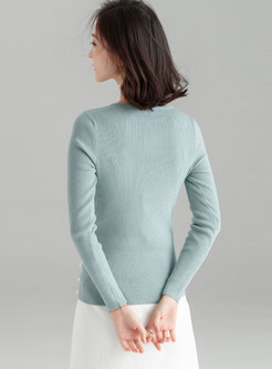 Elegant Pure Color O-neck Beaded Slim Sweater
