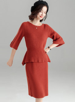 Pure Color Three Quarters Sleeve Waist Knitted Top & High Waist Slim Skirt