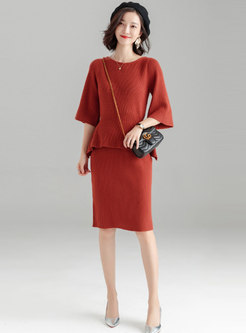 Pure Color Three Quarters Sleeve Waist Knitted Top & High Waist Slim Skirt