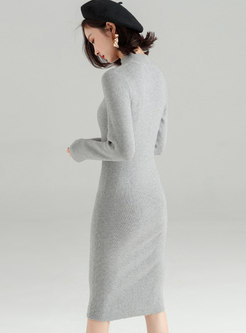 Pure Color Stand Collar Zipper Sheath Knitted Dress