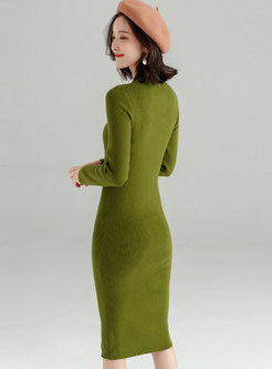 Solid Color Stand Collar Zipper Sheath Knitted Dress