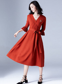 Solid Color V-neck Flare Sleeve Belted Knitted Sweater Dress