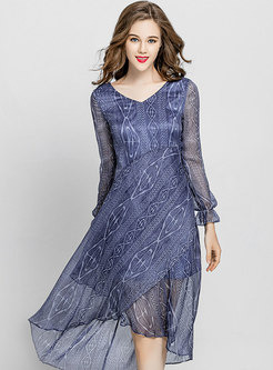 Digital Print V-neck Slim Asymmetric Dress