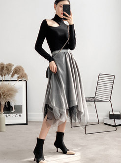 Stylish High Waist Asymmetric Mesh Stitching Skirt