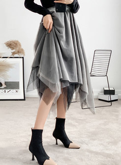 Stylish High Waist Asymmetric Mesh Stitching Skirt