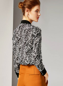 Trendy Black Contrast-collar Cardigan Printed Blouse