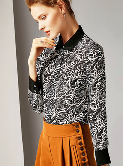 Trendy Black Contrast-collar Cardigan Printed Blouse