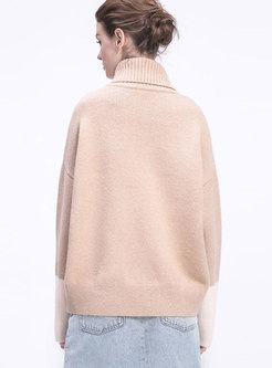 Stylish Apricot Turtle Neck Hit Color Sleeve Knitted Sweater