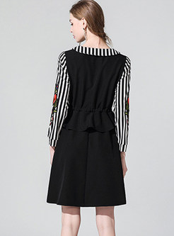 Lapel Striped Splicing Waist Plus Size Skater Dress