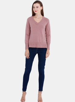 Casual Pink V-neck Side-slit Asymmetric Sweater