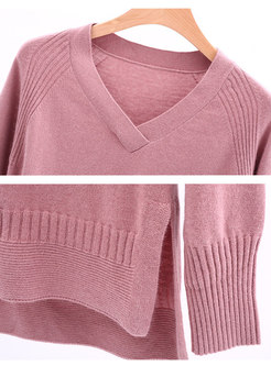 Casual Pink V-neck Side-slit Asymmetric Sweater