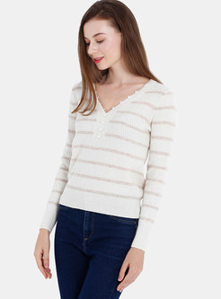 Casual Color-blocked V-neck Loose Pullover Sweater