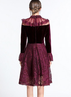 Stylish Turn-down Collar Lace Stitching Belted Dress