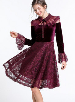 Stylish Turn-down Collar Lace Stitching Belted Dress