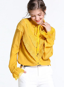 Yellow Turn-down Collar Bowknot Flare Sleeve Blouse