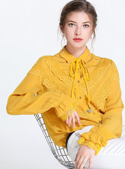 Yellow Turn-down Collar Bowknot Flare Sleeve Blouse