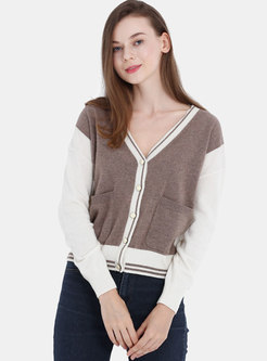Casual Color-blocked V-neck Single-breasted Short Sweater