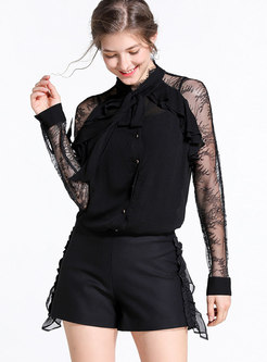 Black Lace Paneled Long Sleeve Slim Blouse