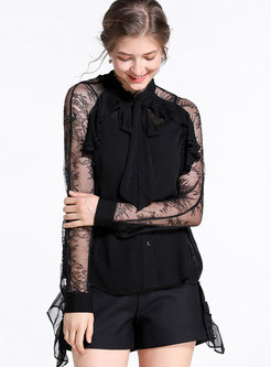 Black Lace Paneled Long Sleeve Slim Blouse