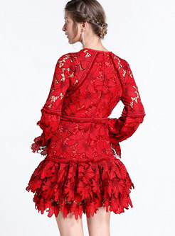 Chic Red Flare Sleeve Lace Stitching Hollow Out Dress