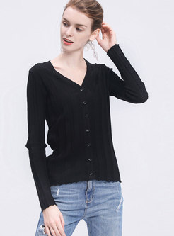 Chic V-neck Long Sleeve Woolen Single-breasted Sweater