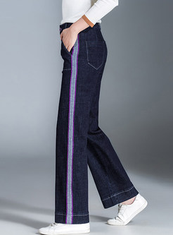 Color-blocked Striped Plus Size Denim Loose Pants
