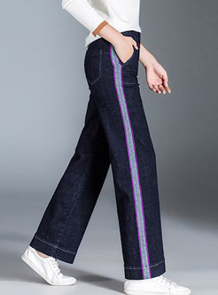 Color-blocked Striped Plus Size Denim Loose Pants