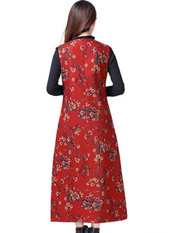 Ethnic Print O-neck Sleeveless Woolen Maxi Dress