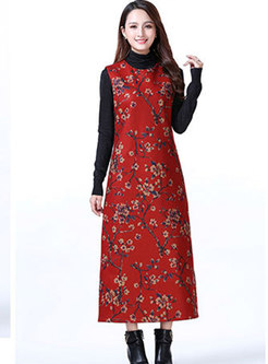 Ethnic Print O-neck Sleeveless Woolen Maxi Dress