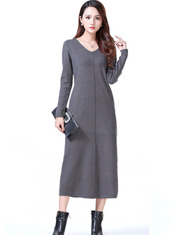 Brief Solid Collar V-neck Long Sweater Dress
