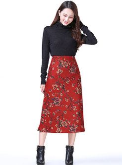 Vintage Print High Waist Woolen Long Skirt