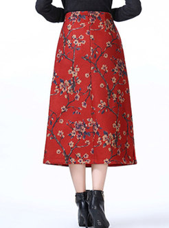 Vintage Print High Waist Woolen Long Skirt