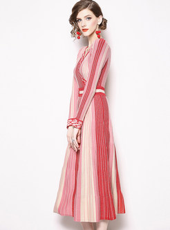 Fashion Striped High Waist Knitted A Line Dress