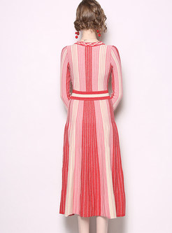 Fashion Striped High Waist Knitted A Line Dress